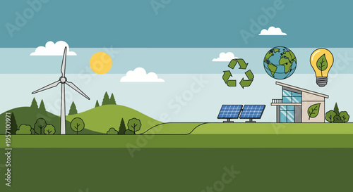 Eco friendly energy vector illustration with solar panel wind turbine