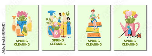Spring cleaning posters collection with women, tools and flowers. Bright seasonal templates for cleaning services, home care advertising and marketing design.