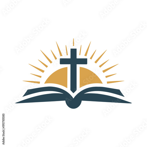 A logo featuring a cross over an open book with sun rays