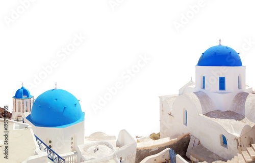 Picturesque Santorini Island with Blue-Domed Churches. Cut-out sky