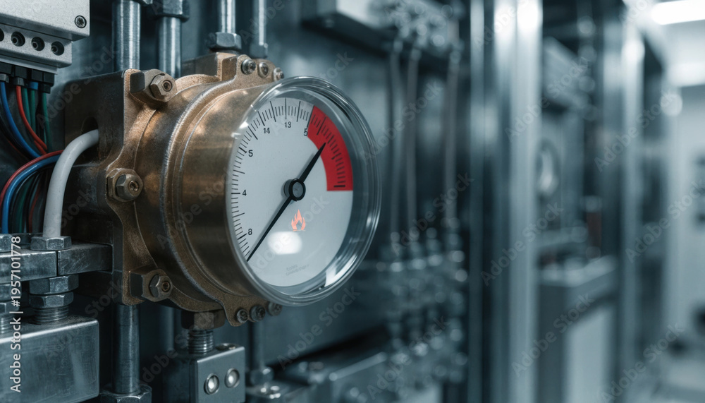 Fototapeta premium Industrial pressure gauge metallic boiler panel showing ai energy efficiency and safety