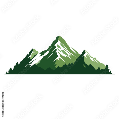 Majestic Mountain Range with Pine Trees Silhouette in Evergreen Colors