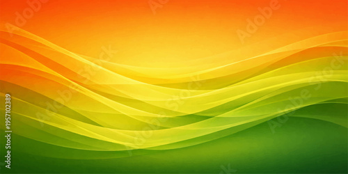 An abstract green and colorful background design features flowing orange and yellow wave patterns with bright light lines and motion curves in a vibrant artistic vector texture wallpaper