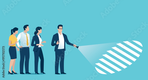 Revealing career steps. Leader holding flashlight and revealing hidden stairs. Vector business illustration.