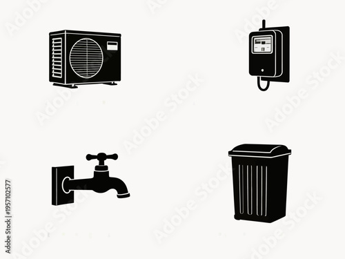 A person uses a washing machine, faucet, trash can, and meter in a laundry room setting daily.