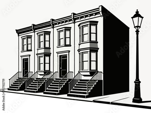 Row houses with stairs and a lamppost on a city street scene