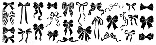 Silhouetted bows in various styles and sizes. Black outlines show elegant, playful, and simple designs. Perfect for festive, elegant, or minimalist graphic projects. Use with banners, packaging