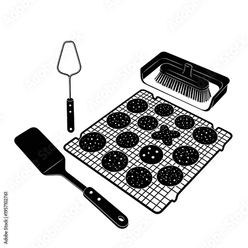Baker prepares muffins on a cooling rack with tools nearby indoors