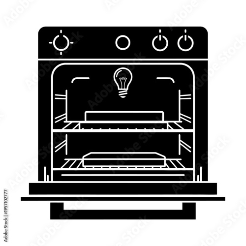 The illustration shows an electric oven with light on inside kitchen