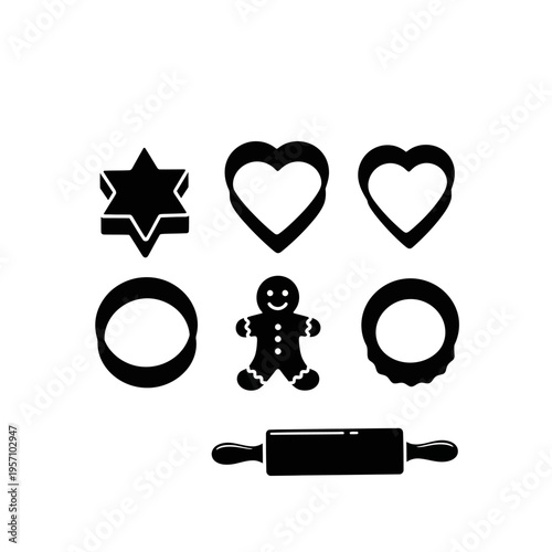 Baking icons featuring a gingerbread man and cookie cutters on a table