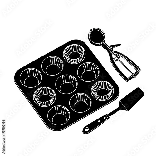 Baking tools and cupcake tin on a kitchen counter with dmt.eps reference