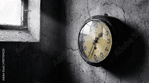 Old Rusty Decaying Wall Clock Hangs On A Rough Concrete Surface, Illuminated By Light From A Window, Symbolizing Passage Of Time And Forgotten History