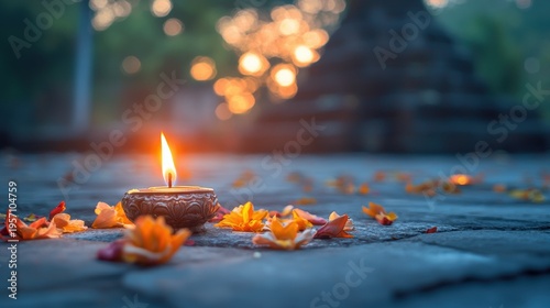 Tradition People decorating a temple with flowers and candles in observance of a religious holiday.
