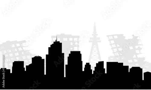 Black silhouette of a standing city skyline contrasted against grey destroyed and damaged buildings in the background, depicting urban disaster, earthquake aftermath, and the devastating impact of war