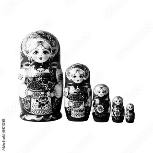 Monochrome halftone illustration of Russian nesting dolls, traditional matryoshka set, folk art concept, decorative wooden toy isolated on white background.