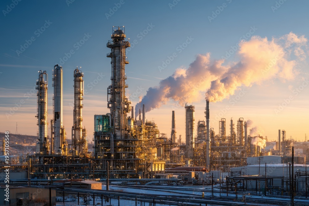 Fototapeta premium Golden hour lighting on a vast oil refinery complex with tall distillation towers and network of pipelines