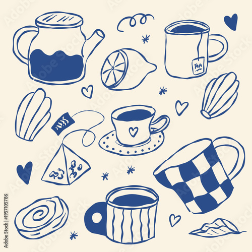 Handdrawn tea set, cozy and inviting