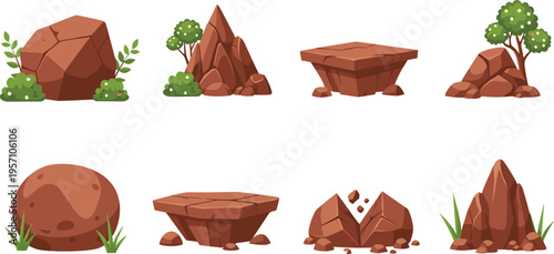 WebCartoon rock and stone set isolated on white background, game asset vector collection with cliffs, boulders, terrain elements for UI, landscape, and design