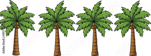 Cartoon palm tree set with green tropical leaves and brown trunks isolated on white background, summer beach nature vector illustration collection