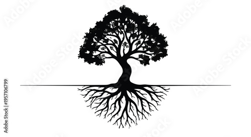 tree silhouette with visible roots and branches in a simple vector style