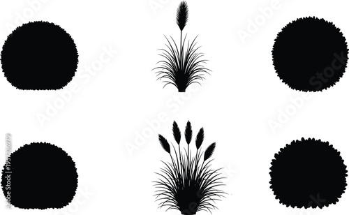 Collection of black garden plant silhouettes featuring various rounded bushes and ornamental pampas grass clusters isolated on white background for landscape design projects.