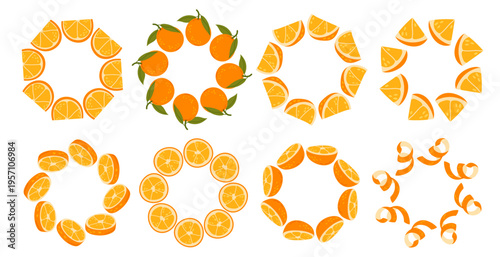 Set citrus wreaths made of orange slices and leaves. Fresh summer frame for food branding, packaging, menus and healthy lifestyle design.