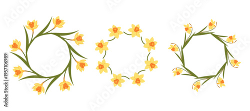 Collection delicate floral wreaths with small yellow narcissus. For invitations, branding, packaging and elegant design projects.