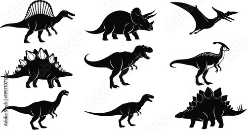 Collection of dinosaur silhouettes featuring Tyrannosaurus Rex, Triceratops, Stegosaurus, Pterodactyl, and Spinosaurus, ideal for prehistoric education, museum graphics, and ancient wildlife 
