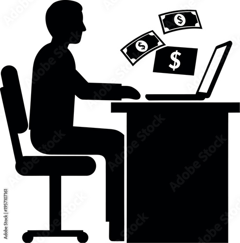 Silhouette of a man sitting at a desk with money coming out of his laptop