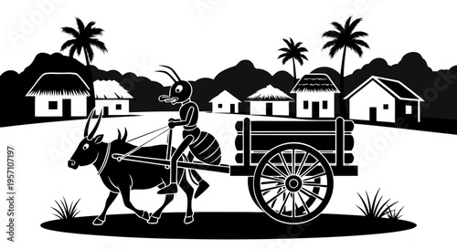 Vintage silhouette illustration of an antique horse drawn carriage and old western wagon for retro travel transportation design