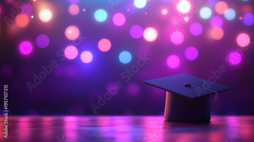 Graduation Cap Against Colorful Bokeh Lights, Celebration of Achievement