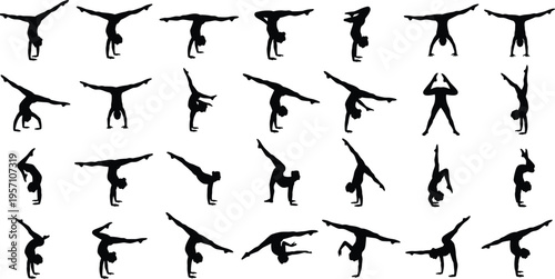 Cartwheel silhouettes vector illustration with gymnastic motion, handstands, rotations, standing poses, and dynamic athletic movement