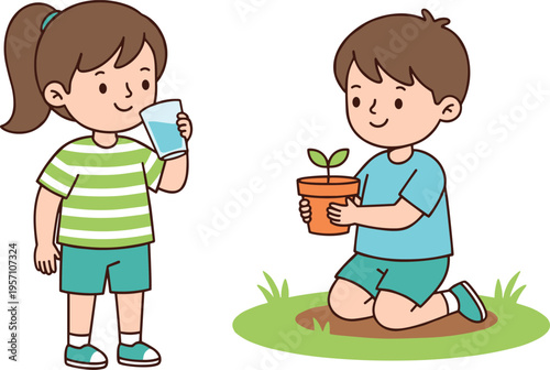 Children eco‑friendly activities vector illustration with drinking water, planting, hydration, nature care, and environmental awareness