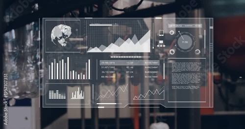 Vertical video: Transparent HUD appearing over plant updating line chart bars gauge for monitoring