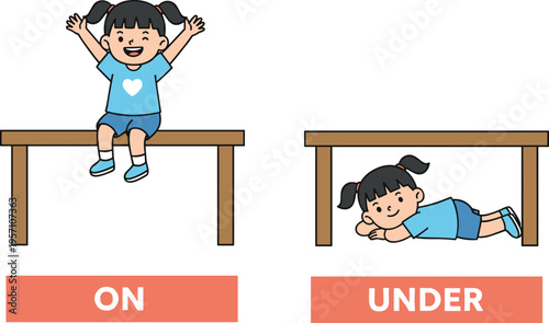 Children learning prepositions vector illustration with girl on table, under table, educational vocabulary, and playful design