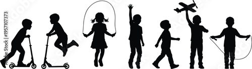 Children play silhouettes vector illustration with scooters, jump rope, toy airplane, playful activities, and joyful movement
