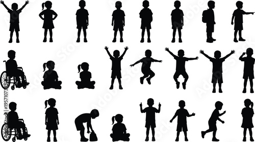 Children silhouettes vector illustration with diverse poses, wheelchairs, play activities, inclusivity, emotions, and joyful actions