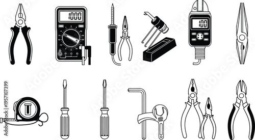 Collection of Professional Electrical Repair Hand Tools Vector Icons Black and White Silhouette Isolated on White Background for Electrician Service Maintenance Construction and Workshop Graphics