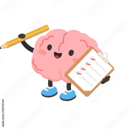 Cartoon Brain Character Holding Pencil and Checklist