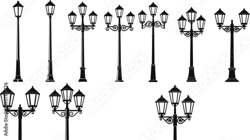 Collection of vintage street lamp silhouettes isolated on light background, classic lantern pole designs for urban lighting, city streets, outdoor decor, vector illustration set