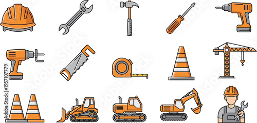 Colorful Construction Icon Set with Tools Safety Equipment and Heavy Machinery Isolated on White Background for Industrial Building Maintenance and DIY Home Improvement Graphic Design