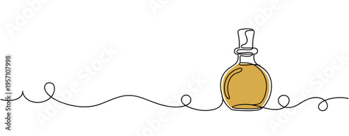 Bottle sitting connected to continuous line on white background. no editable strokes