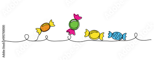 Assorted wrapped candies scattered along simple white background. no editable strokes