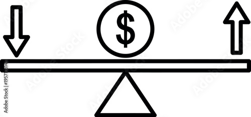 Black and white illustration of a seesaw balancing a dollar sign with arrows