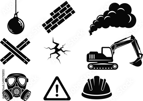 Construction Demolition and Heavy Machinery Vector Silhouette Icons Set Featuring Excavator Wrecking Ball Gas Mask Safety Helmet Warning Sign Brick Wall and Ground Crack Symbols
