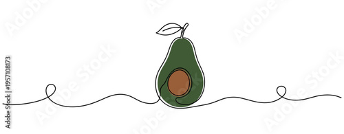 Avocado half with seed displayed on continuous line white background. no editable strokes