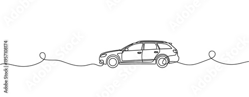 Station wagon driving along continuous line road illustration. no editable strokes