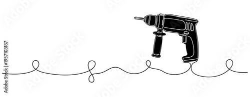Electric drill suspended with cord on minimal white background. no editable strokes