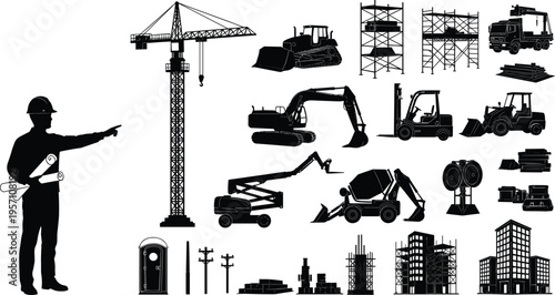 Construction site elements silhouette collection featuring engineer with blueprints, tower crane, heavy machinery, excavators, buildings, and industrial equipment icons for 