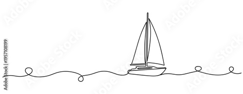 Sailboat cruising on calm sea in continuous line drawing. no editable strokes